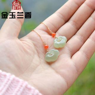 金玉兰香和田玉青玉如意耳坠 14k包金diy女款玉石耳钉耳饰品 颜色随缘