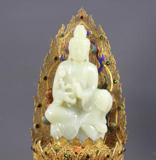 臻品旧藏花丝鎏金镶嵌和田玉佛像一尊 高24厘米,底座直径10.5厘米,重1