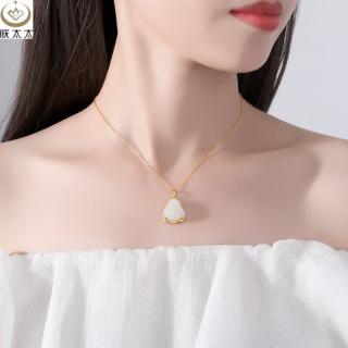 皇妆  和田玉弥勒佛项链女新品925银项链寓意笑面佛锁骨链金包玉佛吊